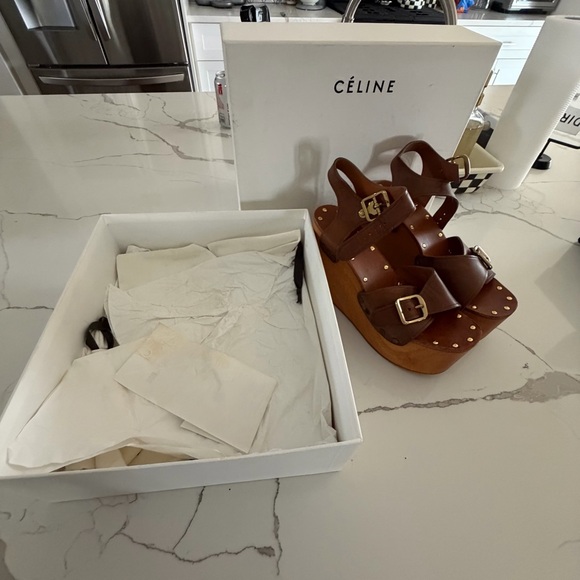 Celine Shoes - Celine Brown Leather Studded Platform Wedge Sandals